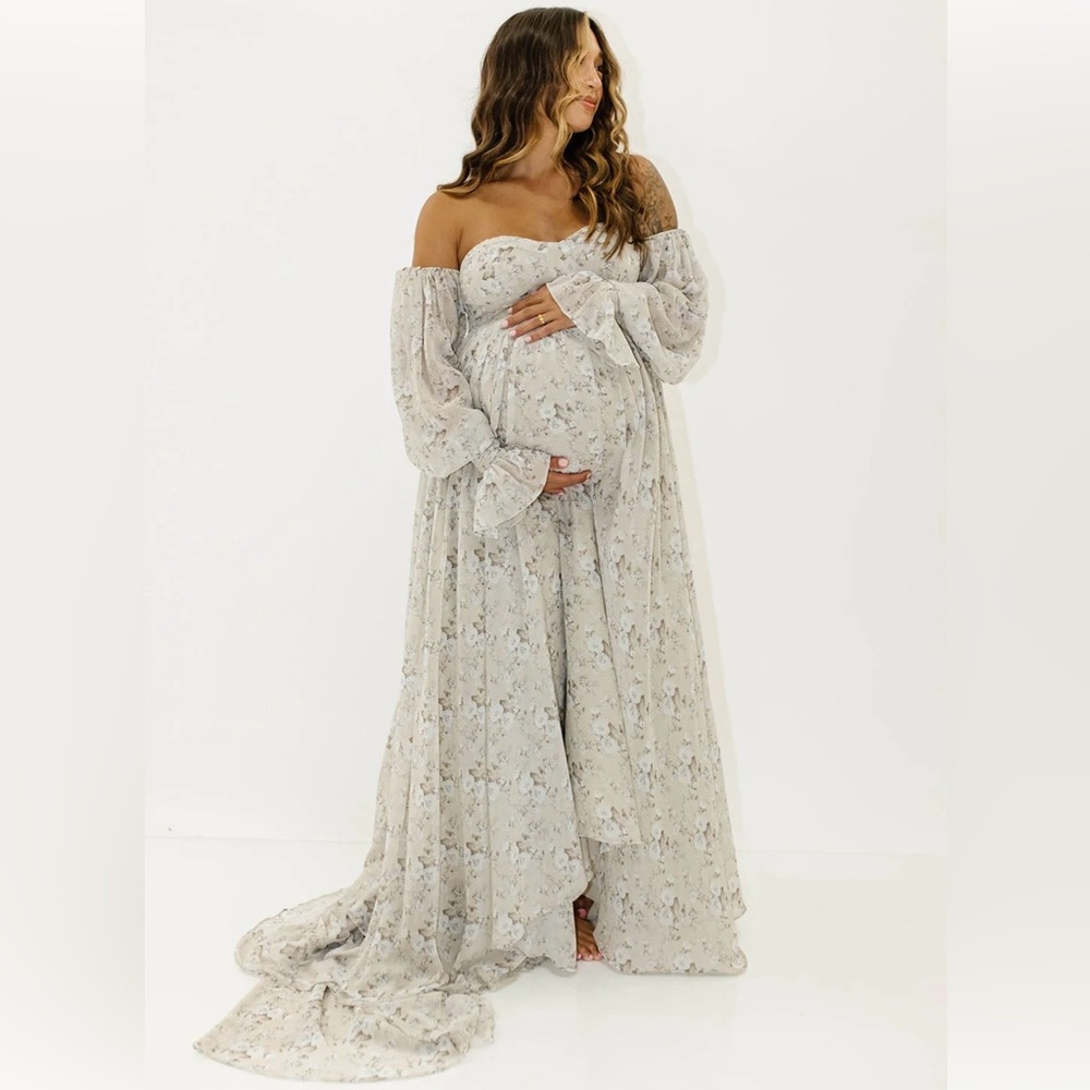 Worth Collective Delilah Maxi Dress with Train in Grey/Blue - Bump Friendly - Picture 14 of 16